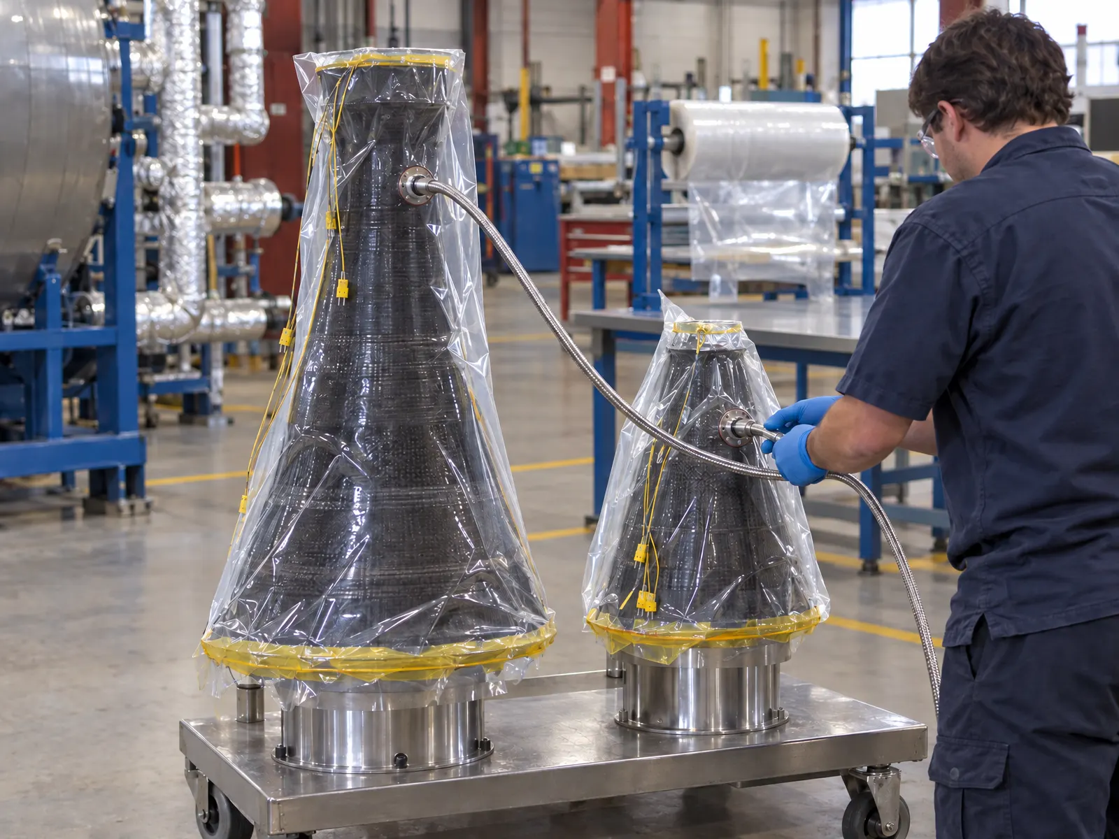 A technician connecting vacuum lines to composite nozzle sections bagged on their mandrels, ready for cure