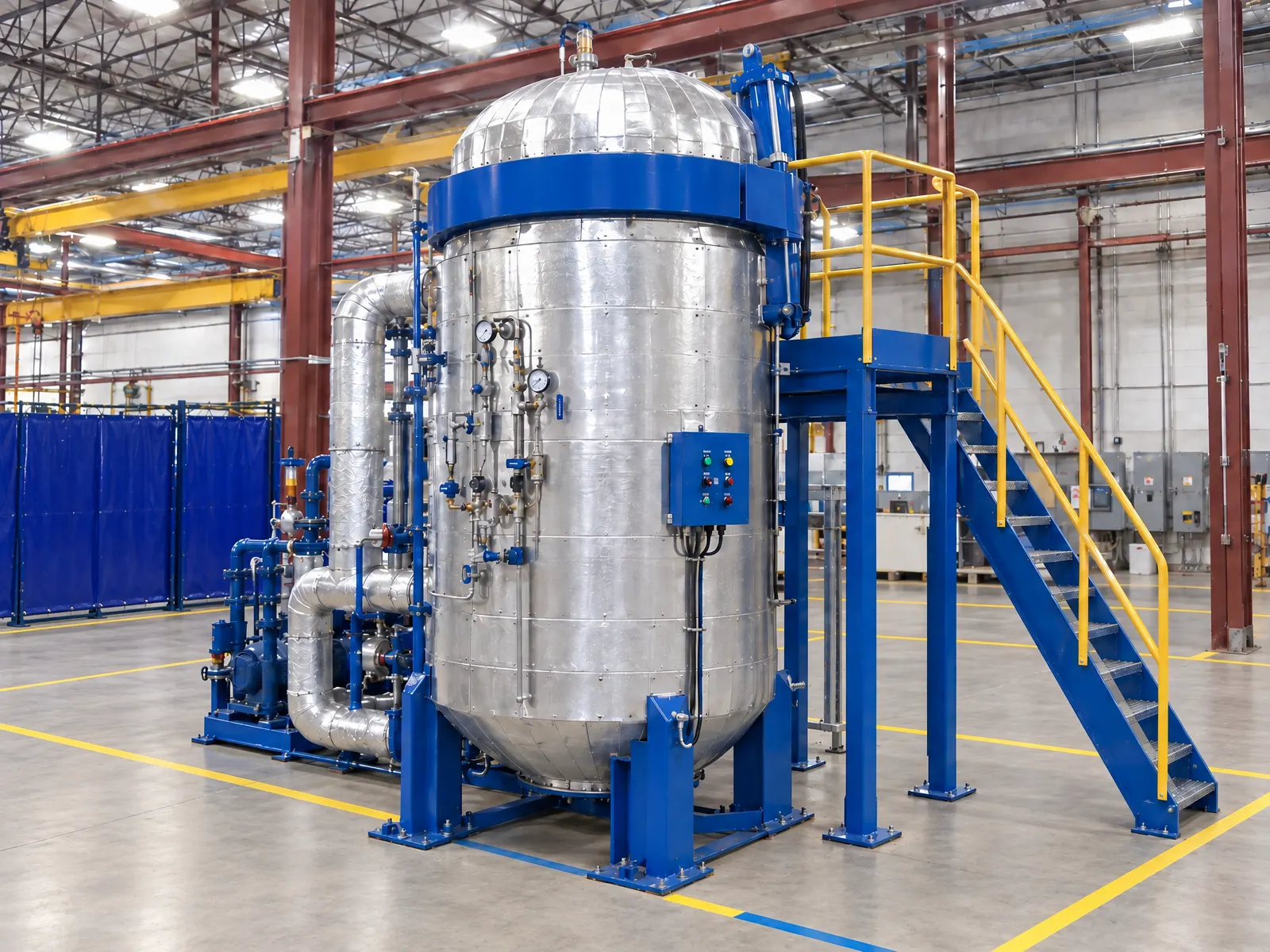 A vertical hydroclave with an insulated shell, blue clamp-ring closure, and access stair, installed in a composites plant