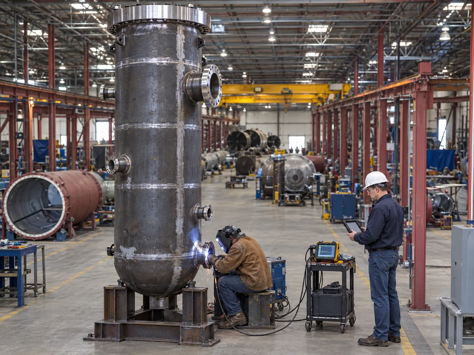 A tall hydroclave pressure vessel in fabrication in a pressure-vessel shop, with a welder and an inspector