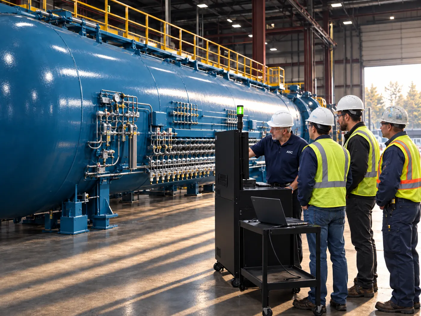 An ASC controls engineer at the operator station explaining a new autoclave's first cure cycle to the customer's team