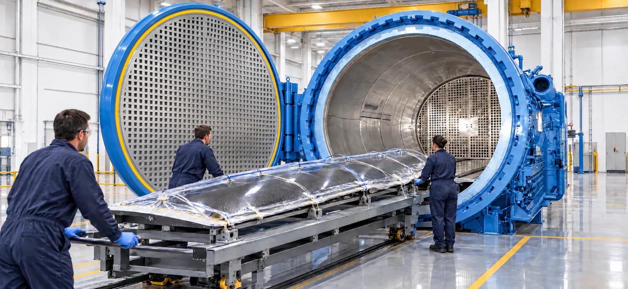 A large autoclave with its loading door open