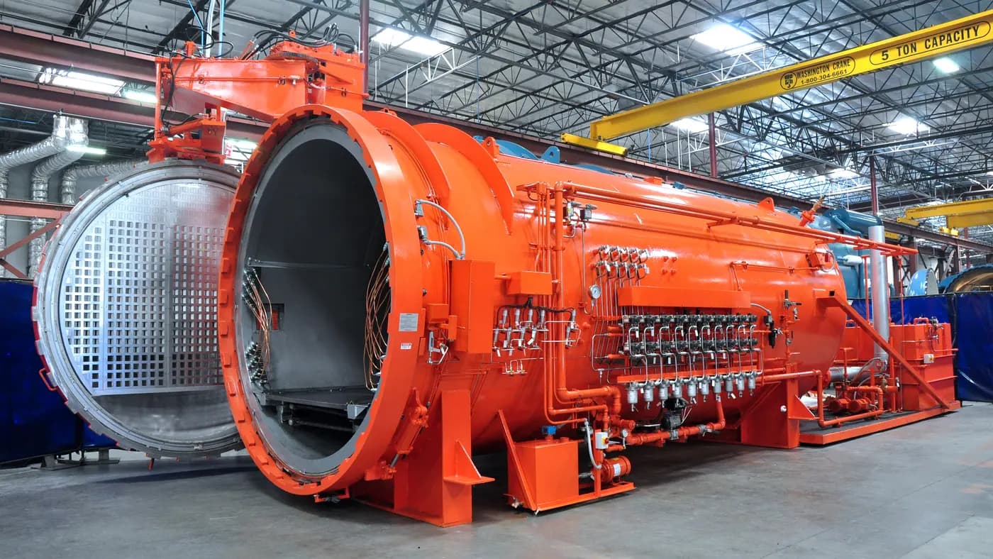 An orange ASC autoclave with its door open and the vacuum manifold along its side