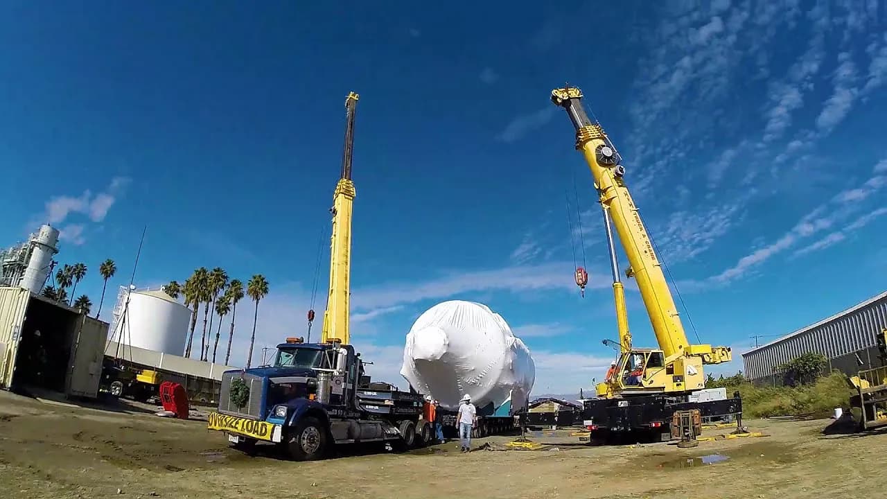 Two cranes lifting an ASC vessel into place at a customer site