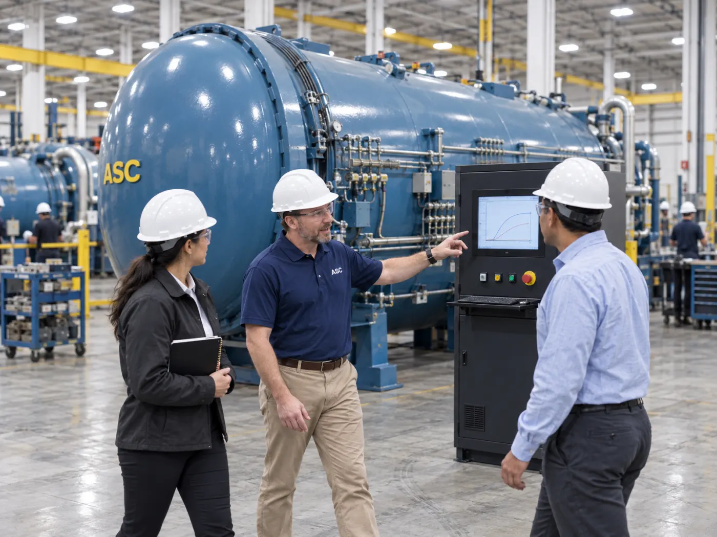 A sales engineer walking two visiting engineers past a finished autoclave and its control station in the plant